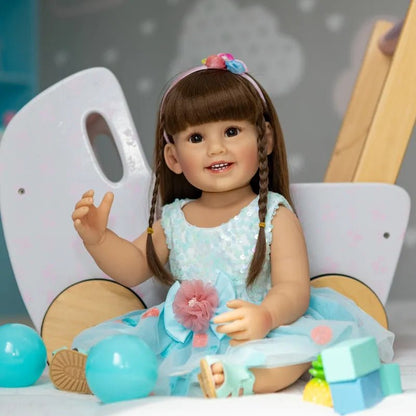 55CM Reborn Toddler Fashion Doll - Blue Skirt, Soft Silicone, Lifelike