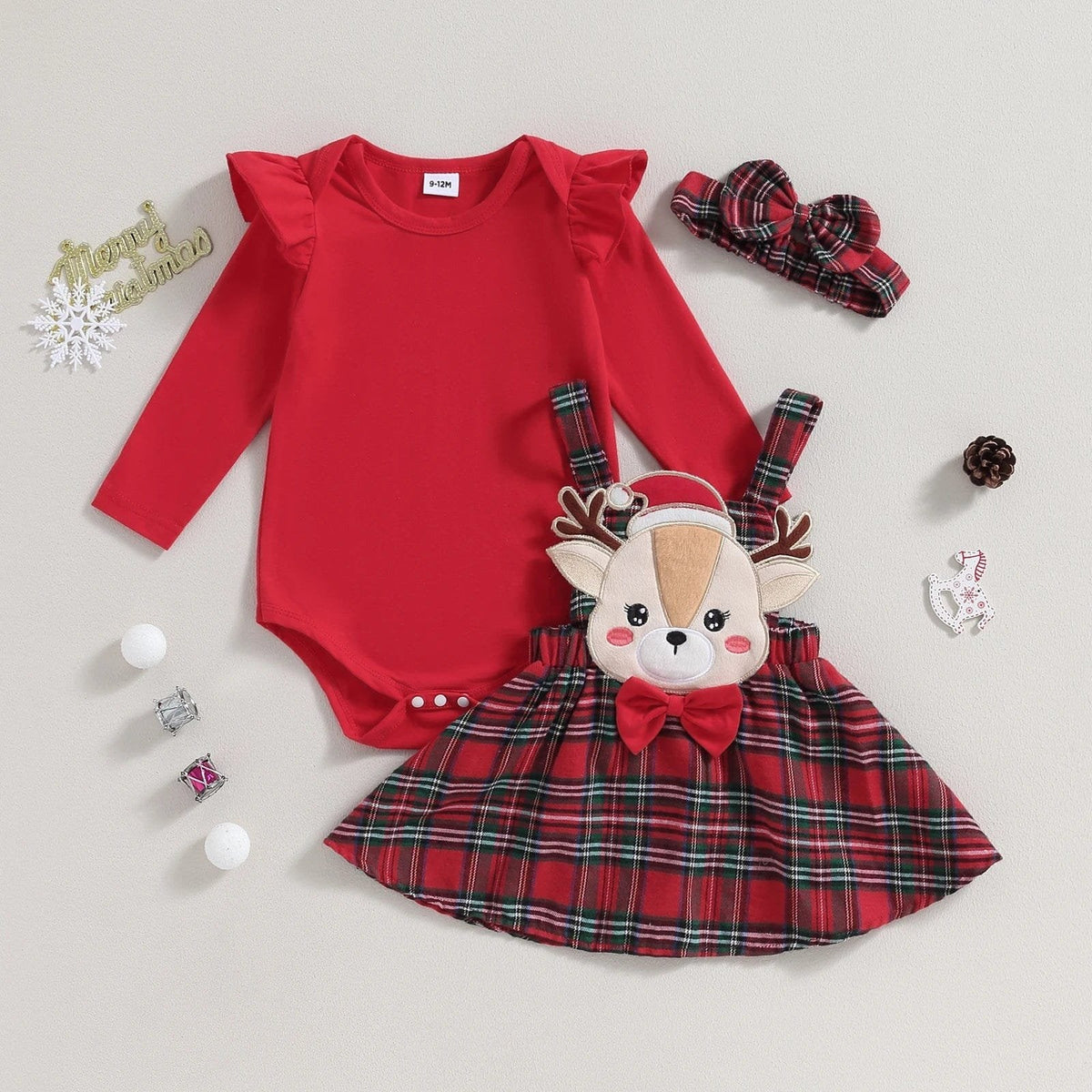 0-18M Xmas Set: Knit Red Romper, Plaid Skirt & Headband