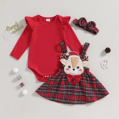 0-18M Xmas Set: Knit Red Romper, Plaid Skirt & Headband