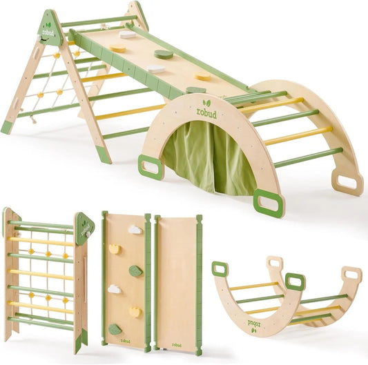 Robotime Robud 7-in-1 Foldable Wooden Climbing Set (with Rope Net)
