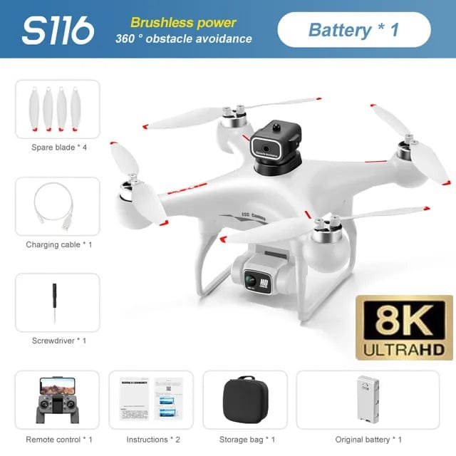S116 8K Drone - Brushless Motor, Obstacle Avoidance, Dual Cam, 50x Zoom Quadcopter