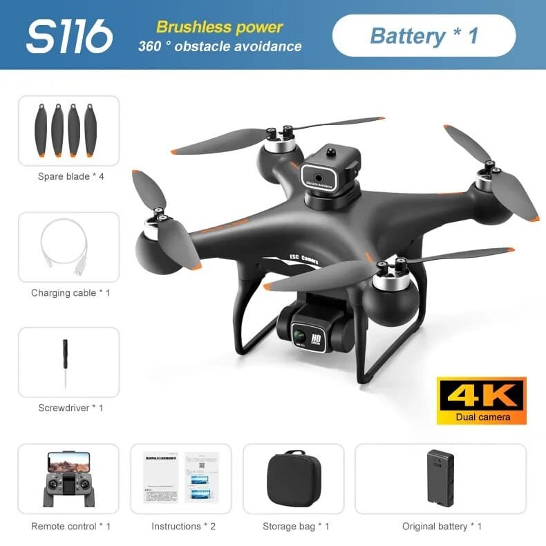 S116 8K Drone - Brushless Motor, Obstacle Avoidance, Dual Cam, 50x Zoom Quadcopter