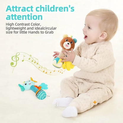 Soft Stuffed Animal Rattles - Sensory Baby Toy with Squeaker