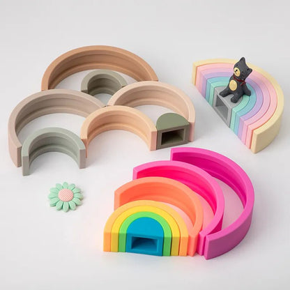 6-10pc BPA-Free Silicone Baby Blocks - Rainbow Montessori Toy
