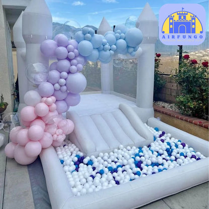 Kids Soft Play White Bounce House w/ Slide & Ball Pit