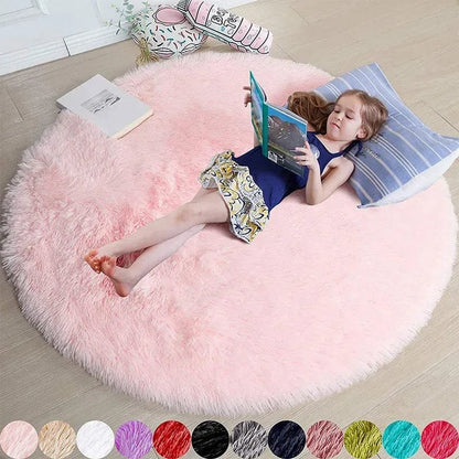 Soft Shaggy Fluffy Round Rug - Pink & White, Bedroom & Play Mat