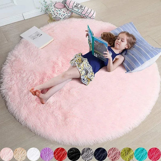 Soft Shaggy Fluffy Round Rug - Pink & White, Bedroom & Play Mat