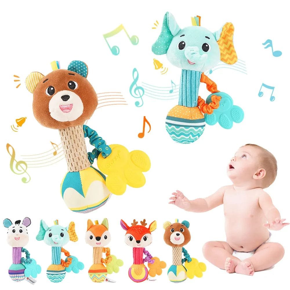 Soft Stuffed Animal Rattles - Sensory Baby Toy with Squeaker