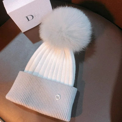 Natural Mink Pom Pom Beanie - Wool, Ear Protection, Kids