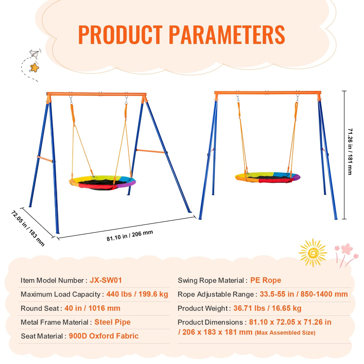 SucceBuy 3-Seat Backyard Swing Set (600 lbs)