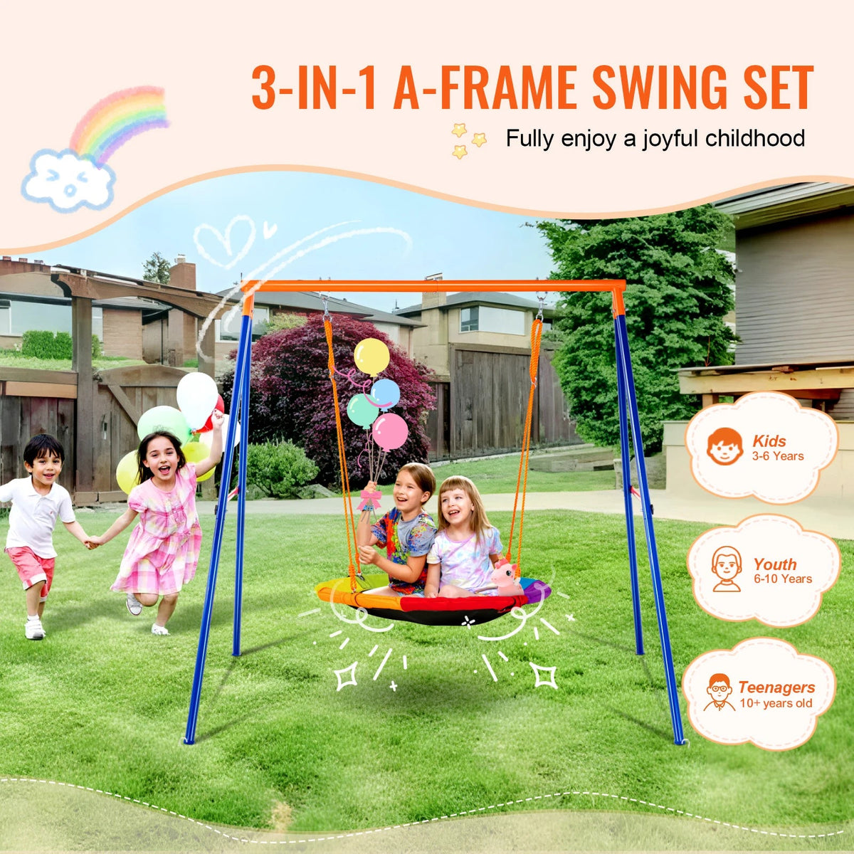 SucceBuy 3-Seat Backyard Swing Set (600 lbs)