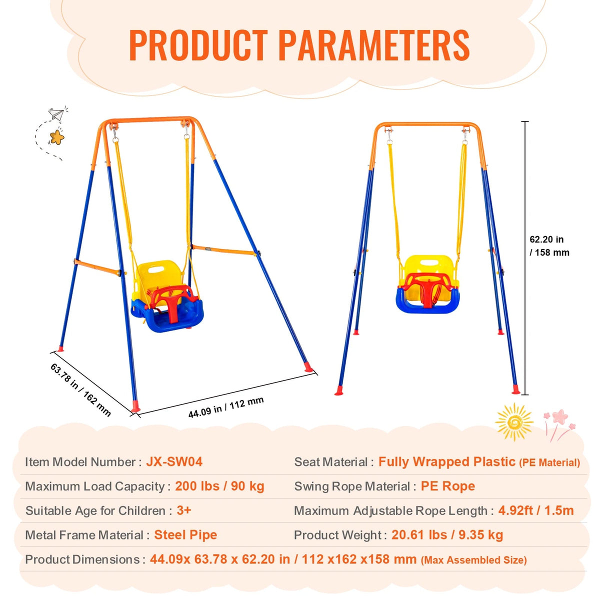 SucceBuy 3-Seat Backyard Swing Set (600 lbs)