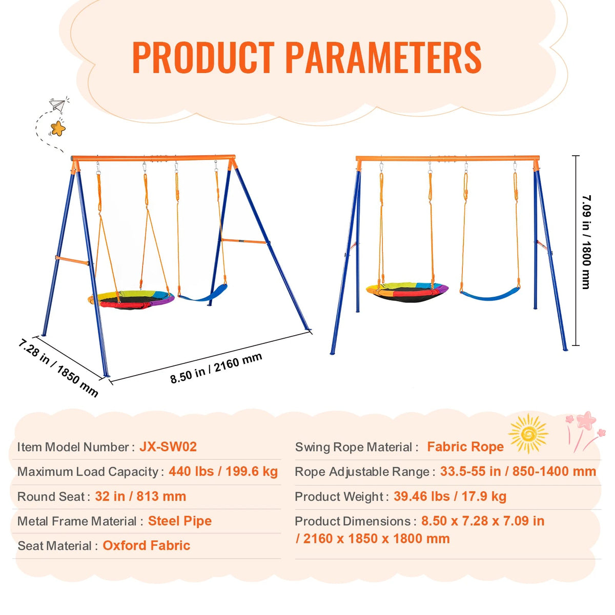 SucceBuy 3-Seat Backyard Swing Set (600 lbs)