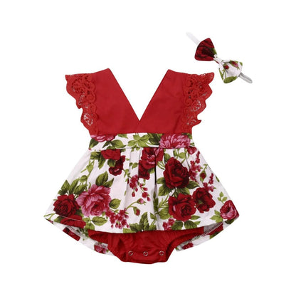 0-24M Princess Romper: Floral & Lace with Headband for Summer