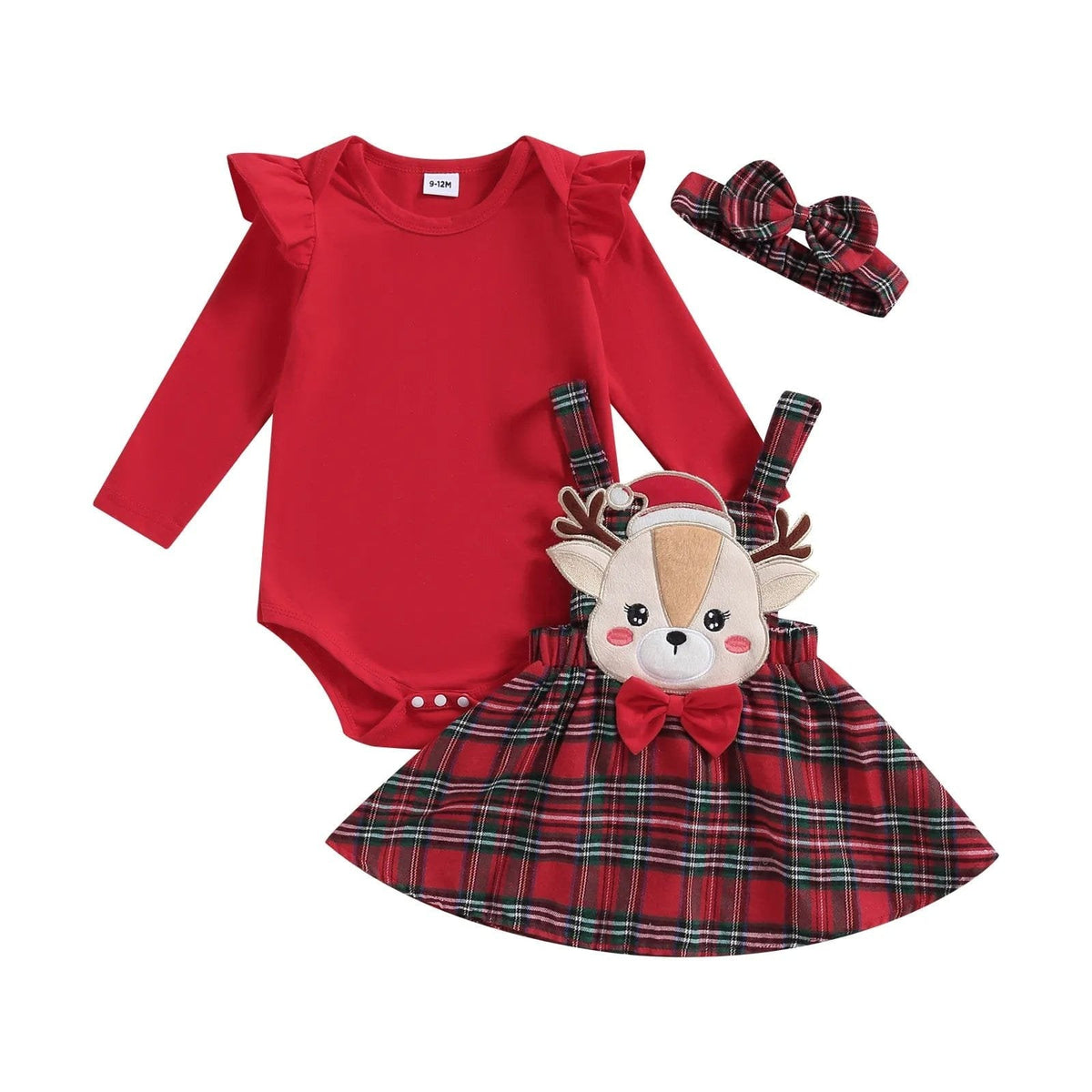 0-18M Xmas Set: Knit Red Romper, Plaid Skirt & Headband