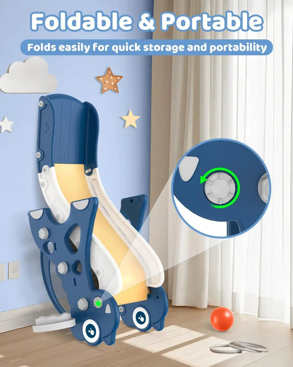 Toddler Slide Playset with Hoop & Ring Toss – Foldable (Blue)