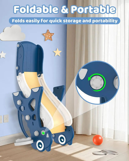 Toddler Slide Playset with Hoop & Ring Toss – Foldable (Blue)