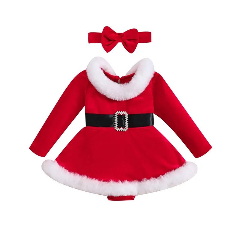 3-24M XMAS Outfit: Velvet Romper Dress & Headband for Babies