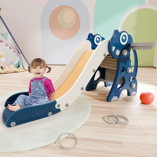 Toddler Slide Playset with Hoop & Ring Toss – Foldable (Blue)