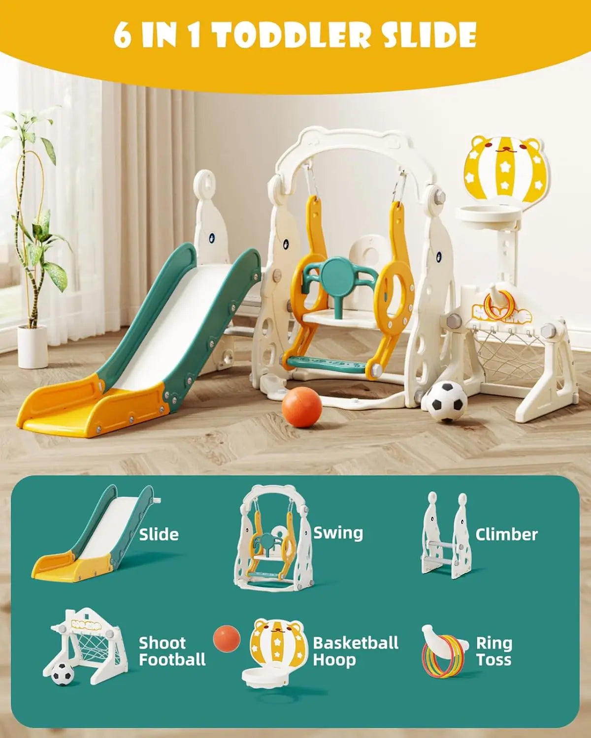 6-in-1 Toddler Slide & Swing Indoor/Outdoor Playset