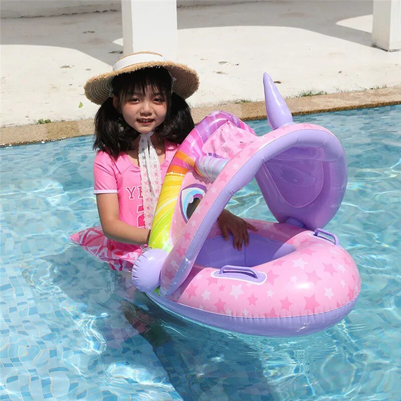 Inflatable Baby Swim Ring with Sun Shade: Toddler Pool Toy for Outdoor Fun