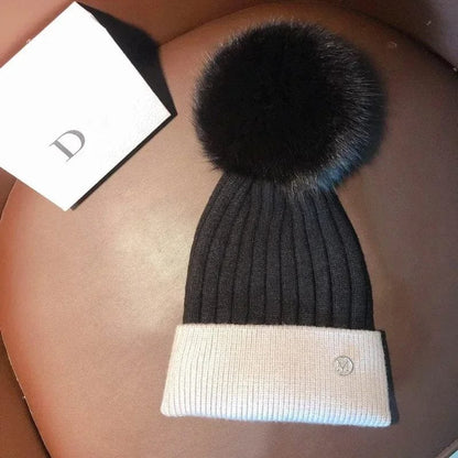Natural Mink Pom Pom Beanie - Wool, Ear Protection, Kids