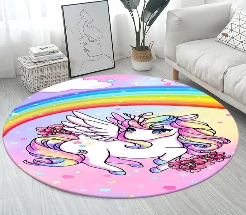 3D Unicorn Cartoon Area Rug - Large Round Non-Slip Mat for Kids