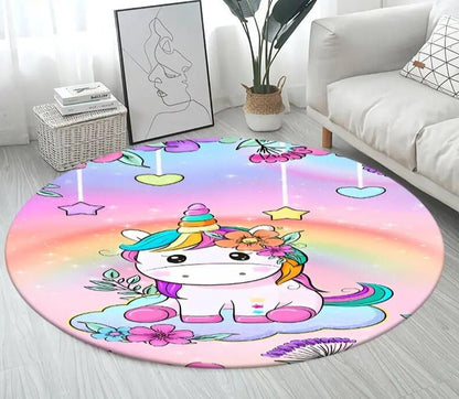 3D Unicorn Cartoon Area Rug - Large Round Non-Slip Mat for Kids