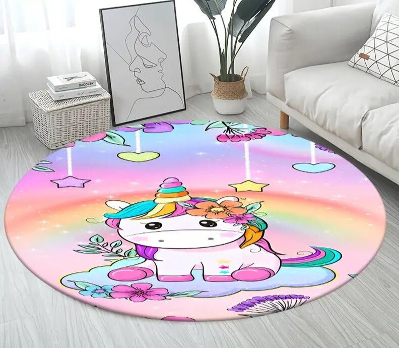3D Unicorn Cartoon Area Rug - Large Round Non-Slip Mat for Kids
