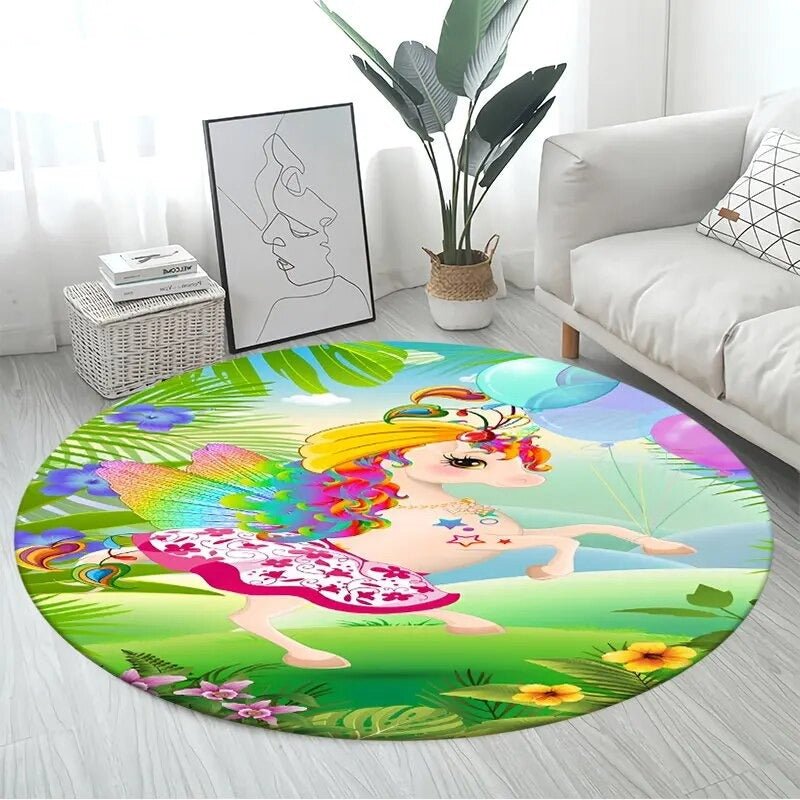 3D Unicorn Cartoon Area Rug - Large Round Non-Slip Mat for Kids