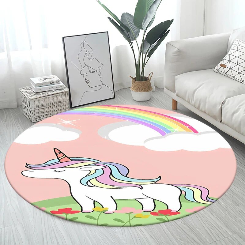 3D Unicorn Cartoon Area Rug - Large Round Non-Slip Mat for Kids