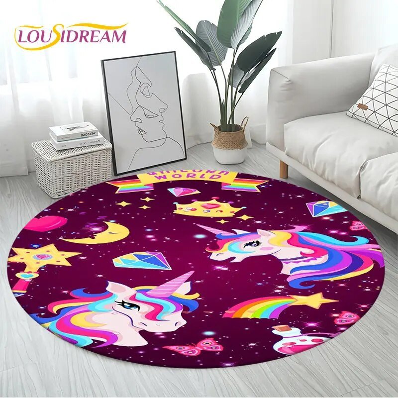 3D Unicorn Cartoon Area Rug - Large Round Non-Slip Mat for Kids