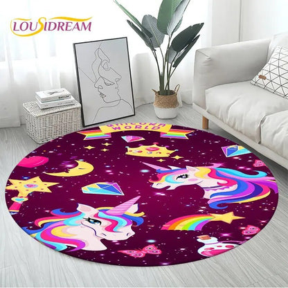3D Unicorn Cartoon Area Rug - Large Round Non-Slip Mat for Kids