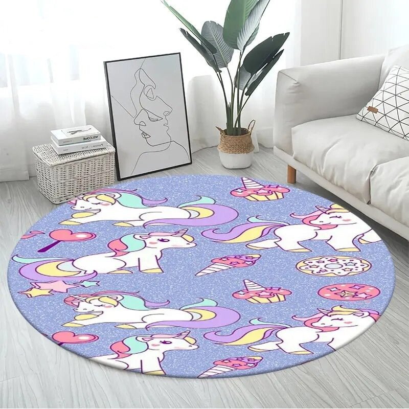 3D Unicorn Cartoon Area Rug - Large Round Non-Slip Mat for Kids