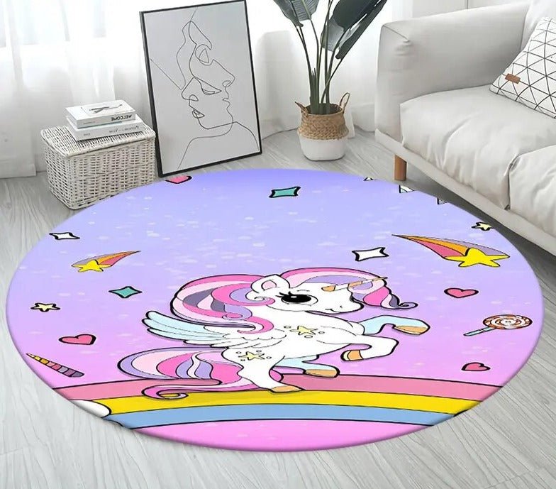 3D Unicorn Cartoon Area Rug - Large Round Non-Slip Mat for Kids