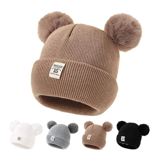 Warm Knitted Baby Beanie with Pom - Autumn/Winter, Solid Color