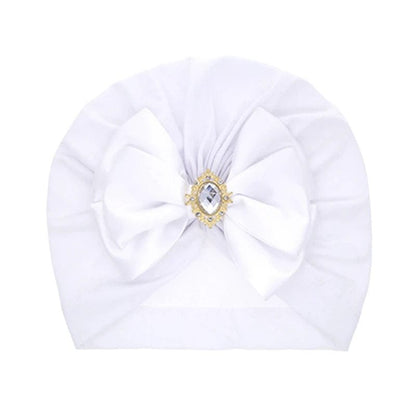 Shiny Rhinestone Bowknot Baby Turban - Soft Cotton Cap
