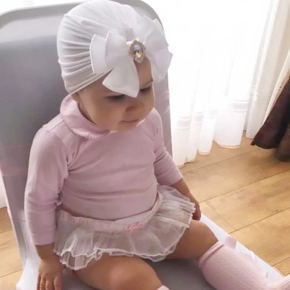 Shiny Rhinestone Bowknot Baby Turban - Soft Cotton Cap