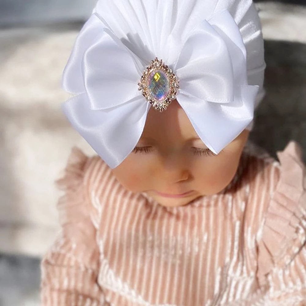 Shiny Rhinestone Bowknot Baby Turban - Soft Cotton Cap