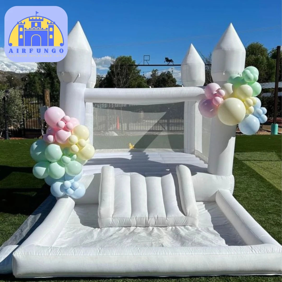 Kids Soft Play White Bounce House w/ Slide & Ball Pit