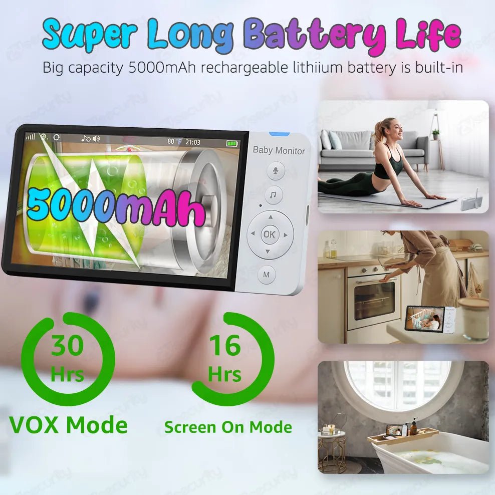 5.0" Wireless Video Baby Monitor with PTZ Camera & 5000mAh Battery