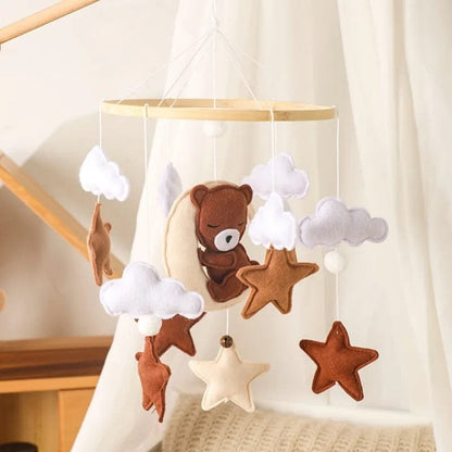 Wooden Baby Rattle & Crib Mobile - Felt Bear, Cloud, Star, Moon
