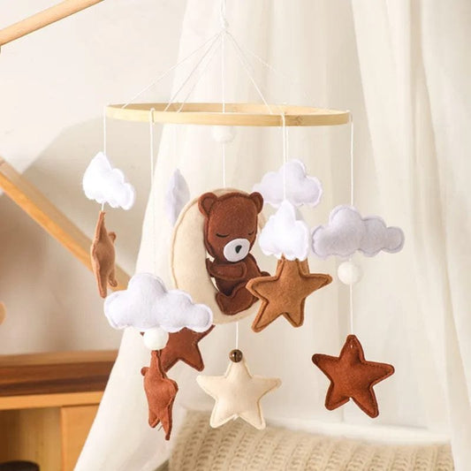 Wooden Baby Rattle & Crib Mobile - Felt Bear, Cloud, Star, Moon