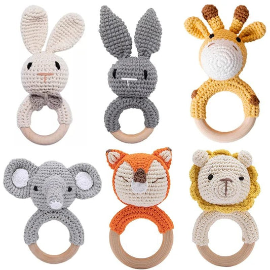 Wooden Baby Rattle & Teether - Crochet Animal Designs