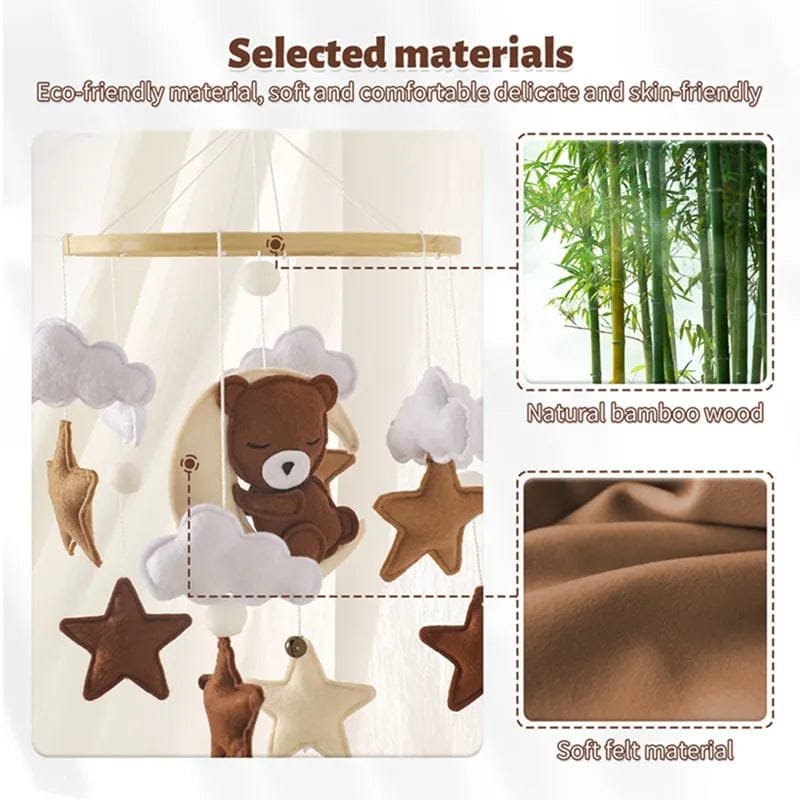 Wooden Baby Rattle & Crib Mobile - Felt Bear, Cloud, Star, Moon