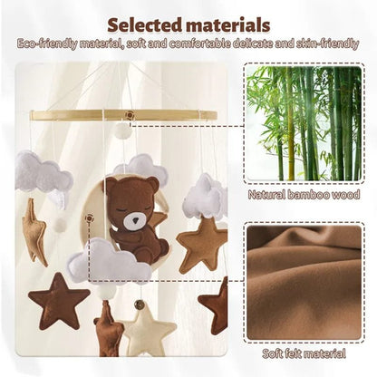 Wooden Baby Rattle & Crib Mobile - Felt Bear, Cloud, Star, Moon