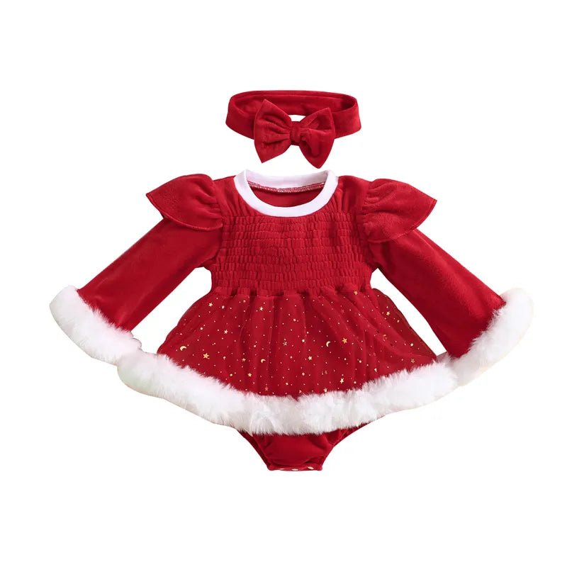 3-24M XMAS Outfit: Velvet Romper Dress & Headband for Babies